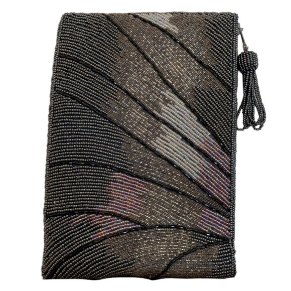 RARE gray+gold+black beaded Art Deco evening clutch handbag w/zipper tassel - Picture 6 of 6